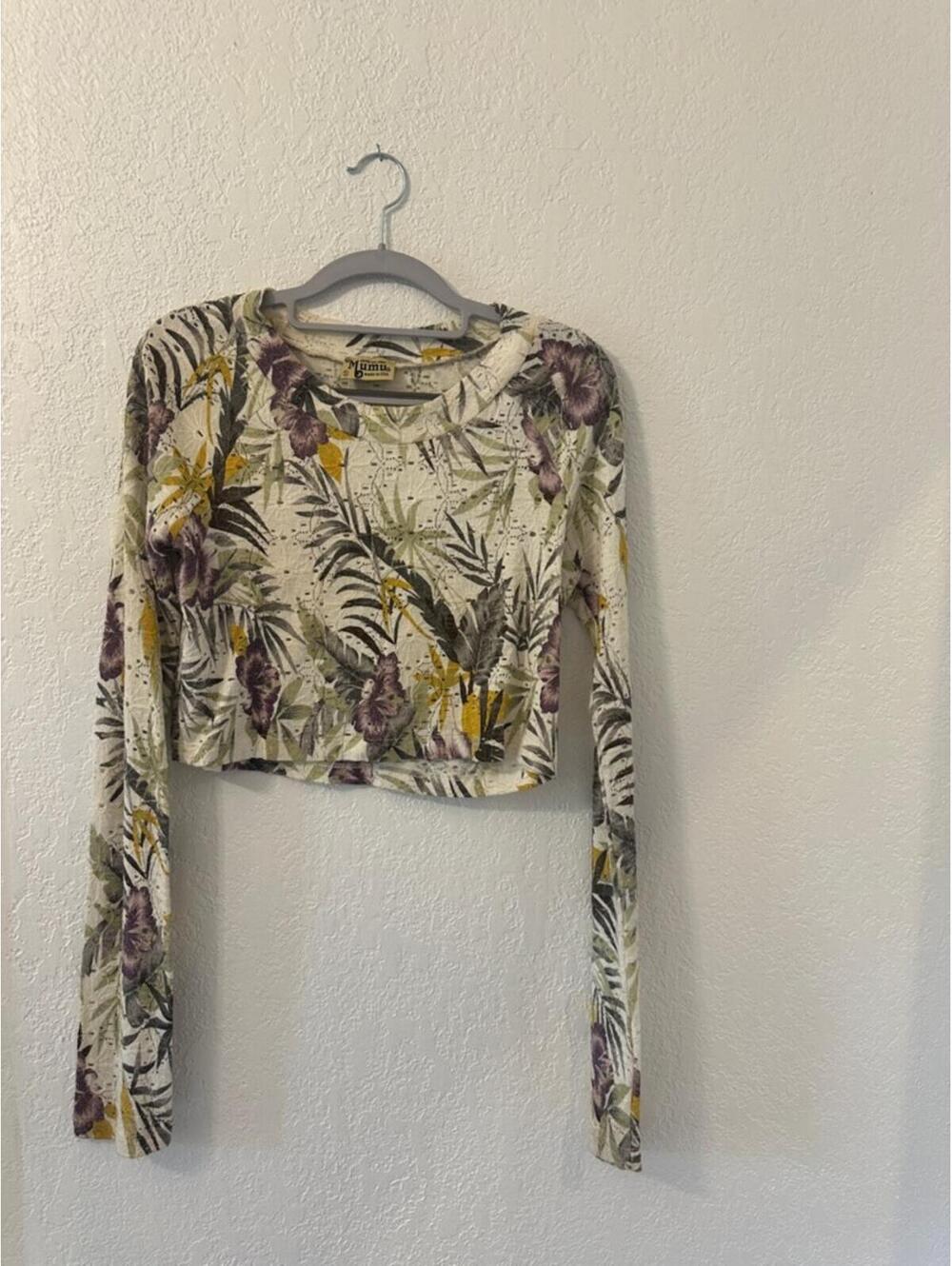 Show Me Your Mumu Floral Crop Long Bell Sleeve Top in Cream and Purple